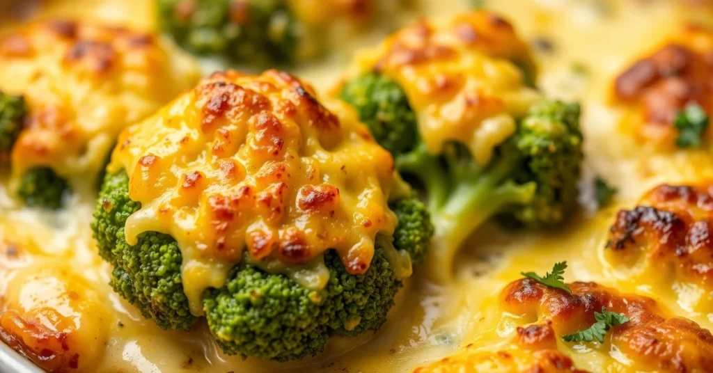 Golden baked broccoli gratin with melted cheese crust, creamy sauce, fresh steaming vegetables, rustic French cuisine, appeti