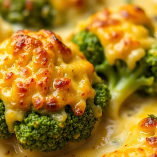 Golden baked broccoli gratin with melted cheese crust, creamy sauce, fresh steaming vegetables, rustic French cuisine, appeti