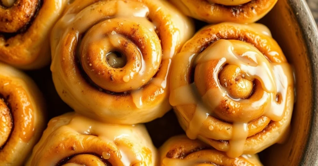 Golden baked cinnamon rolls with honey glaze, freshly baked, light fluffy texture, wholesome ingredients visible, artisanal p