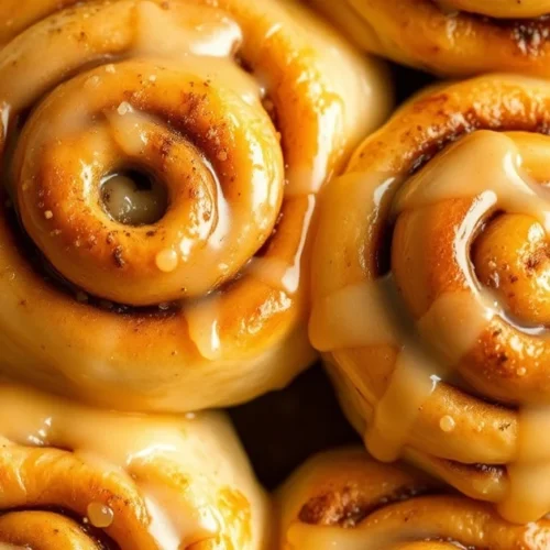 Golden baked cinnamon rolls with honey glaze, freshly baked, light fluffy texture, wholesome ingredients visible, artisanal p