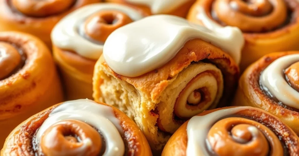 Golden cinnamon rolls with cream cheese frosting, freshly baked, spiral layers visible, professional food photography, warm l