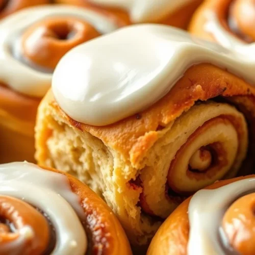 Golden cinnamon rolls with cream cheese frosting, freshly baked, spiral layers visible, professional food photography, warm l
