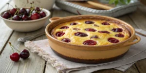 Golden clafoutis aux cerises in a rustic ceramic baking dish, freshly baked with a beautiful golden-brown surface, dark red c