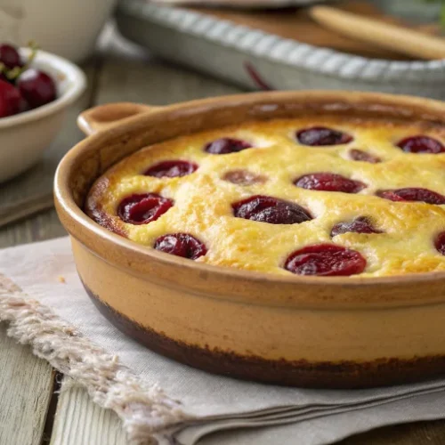 Golden clafoutis aux cerises in a rustic ceramic baking dish, freshly baked with a beautiful golden-brown surface, dark red c