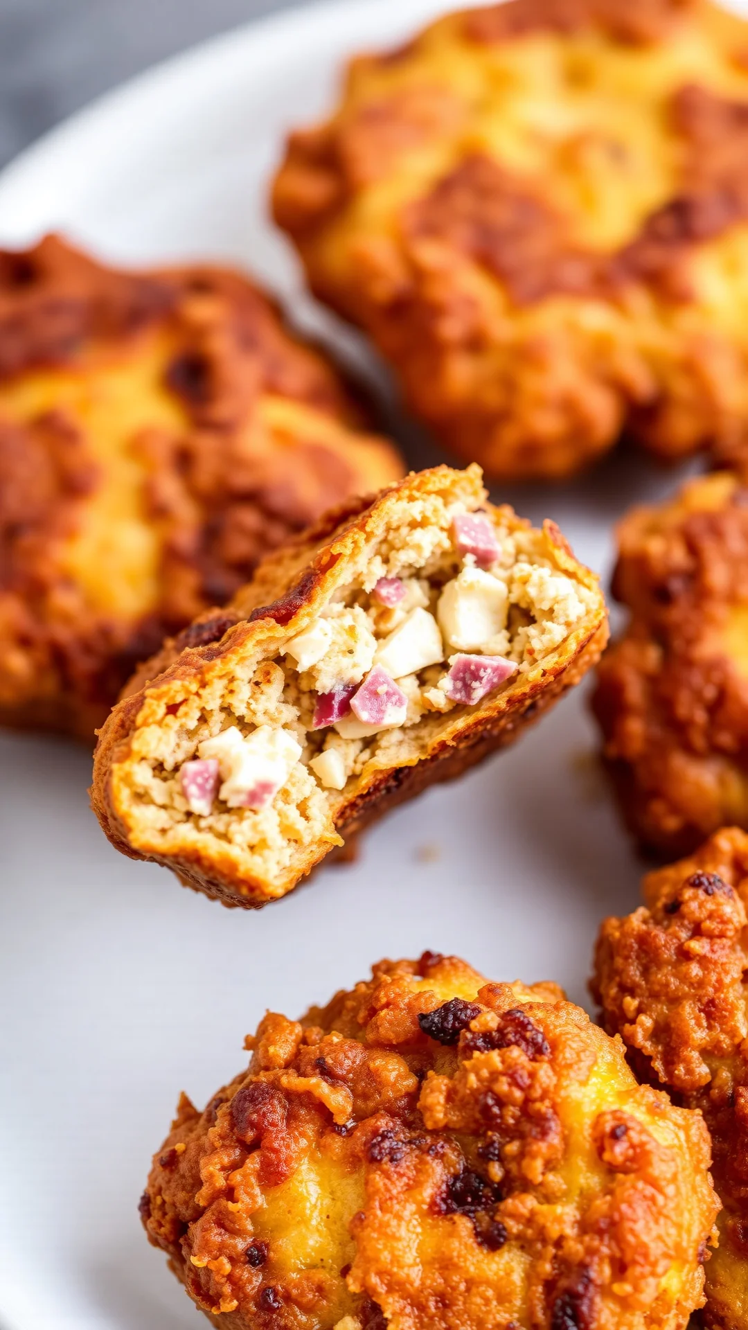 Golden crispy beet and feta fritters, close-up detail showing texture, served on white plate with sauce. Golden brown exterio