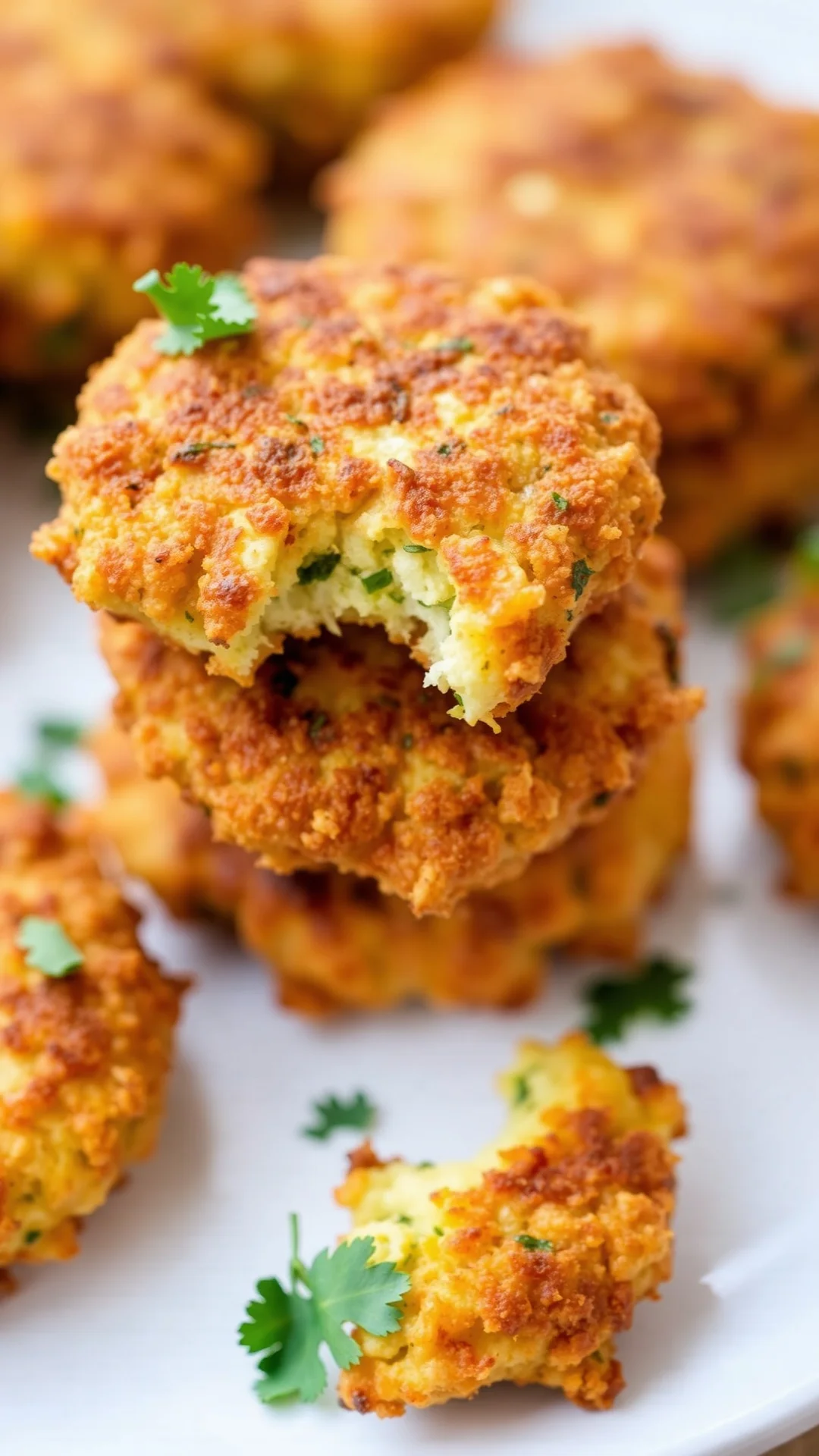 Golden crispy broccoli fritters stacked on white plate, close-up detail, crunchy exterior texture visible, fresh herbs garnis