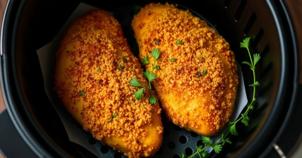 Golden crispy chicken breasts from air fryer, perfectly breaded with panko, fresh herbs garnish, appetizing food photography