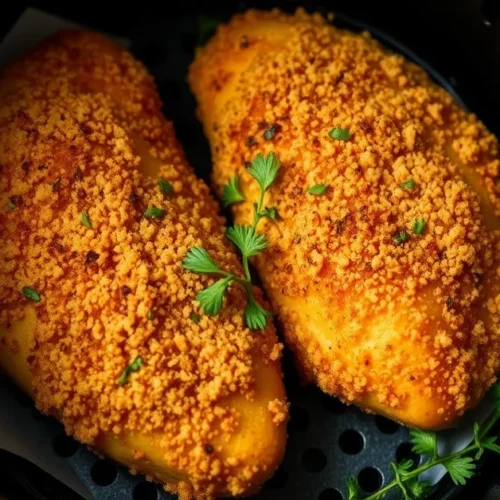 Golden crispy chicken breasts from air fryer, perfectly breaded with panko, fresh herbs garnish, appetizing food photography