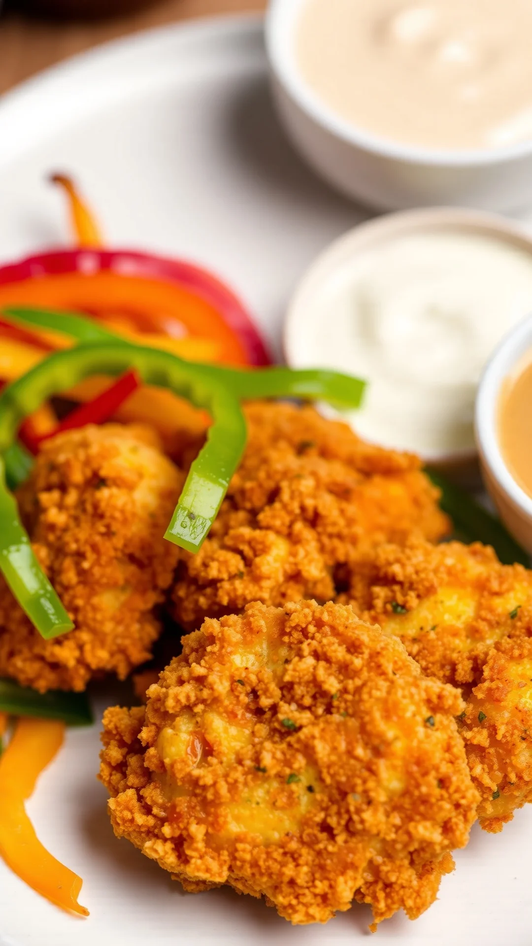 Golden crispy chicken nuggets with herb coating, rainbow bell pepper strips, served on breakfast plate, dipping sauce nearby,