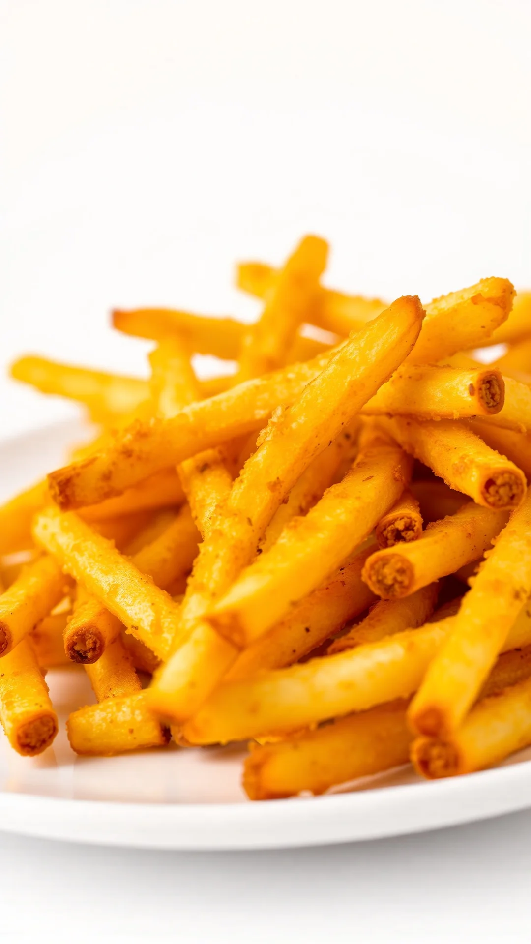 Golden crispy homemade french fries in a white plate, close-up food photography, studio lighting, appetizing golden color