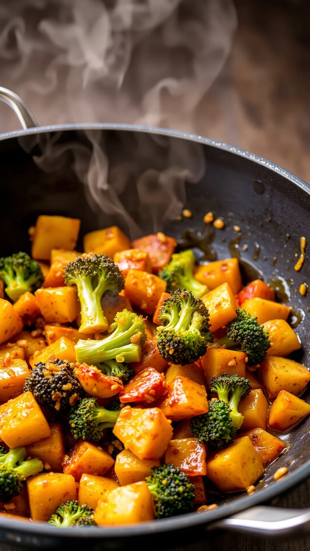 Golden crispy stir-fried broccoli florets and potatoes with garlic curry sauce, wok cooking, steam rising, vibrant colors, As