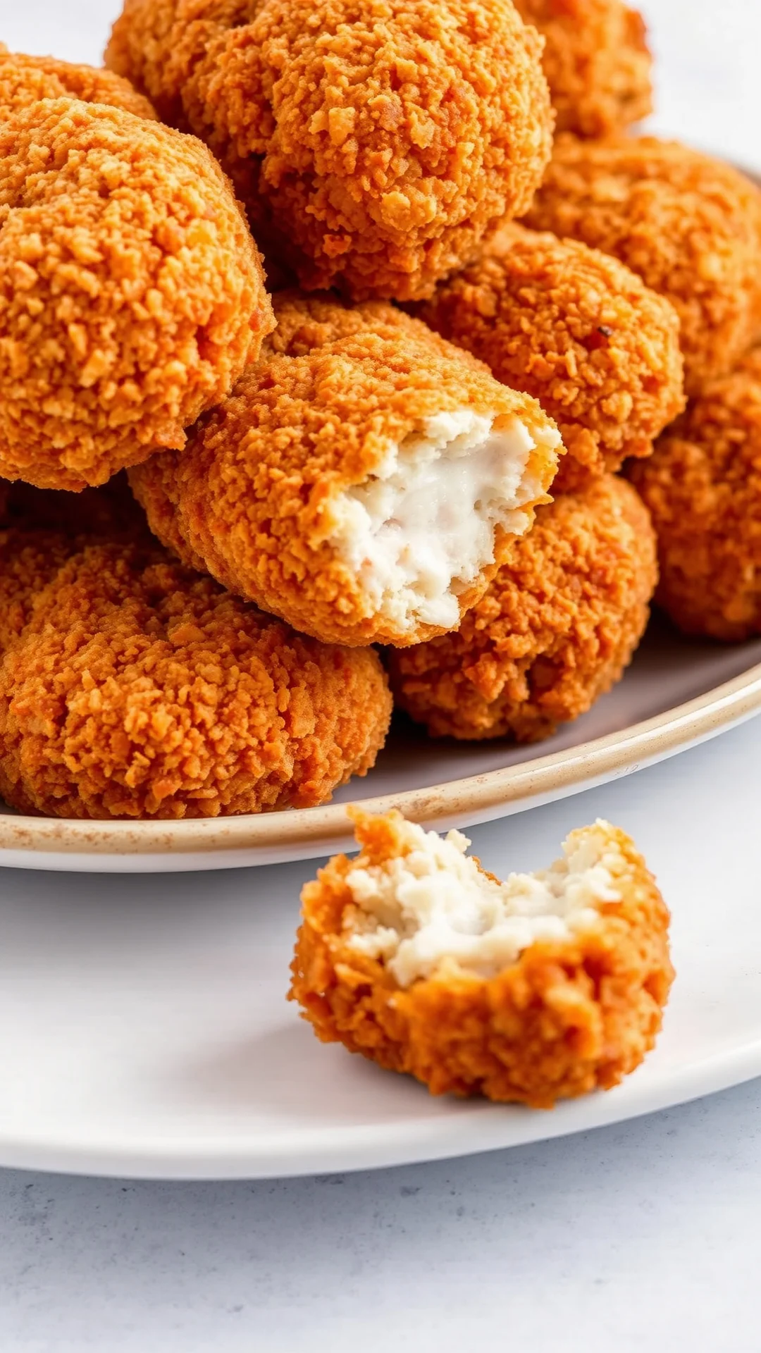 Golden crispy tuna croquettes stacked on plate, breaded exterior, appetizing close-up food photo