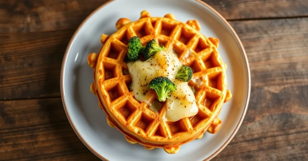 Golden crispy waffles with broccoli florets visible, melted cheese on top, gourmet plating, overhead shot, rustic wooden tabl