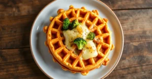 Golden crispy waffles with broccoli florets visible, melted cheese on top, gourmet plating, overhead shot, rustic wooden tabl