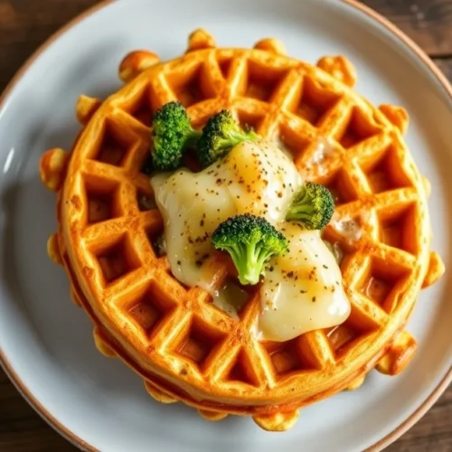 Golden crispy waffles with broccoli florets visible, melted cheese on top, gourmet plating, overhead shot, rustic wooden tabl