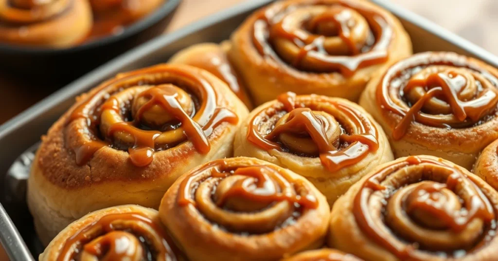 Golden freshly baked cinnamon rolls with caramel drizzle on top, arranged in a baking pan, warm and inviting homemade pastry,