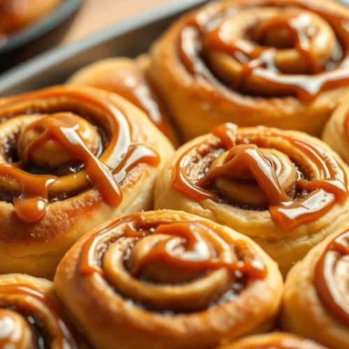 Golden freshly baked cinnamon rolls with caramel drizzle on top, arranged in a baking pan, warm and inviting homemade pastry,