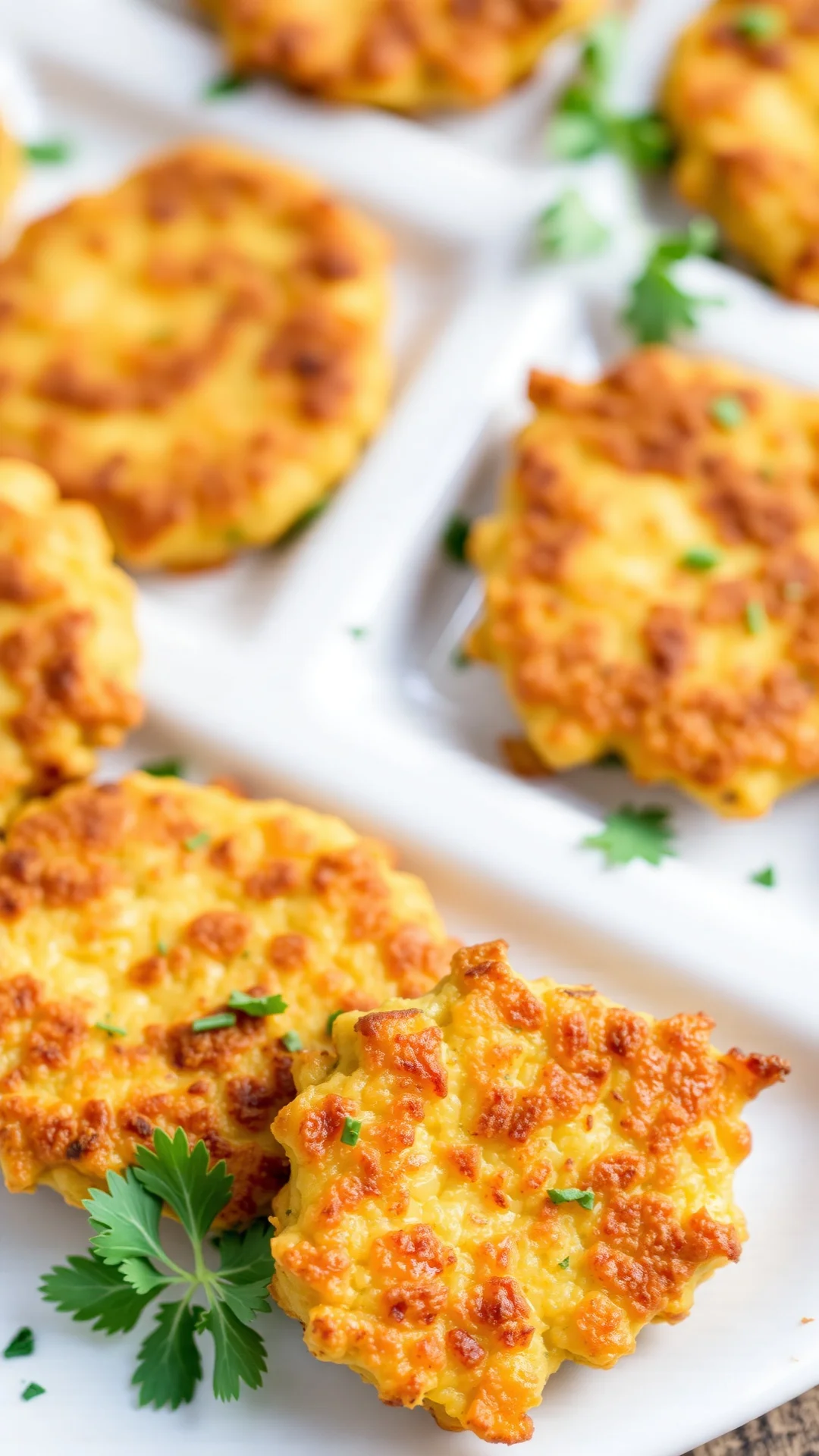 Golden fried zucchini fritters on white plate, crispy exterior, fresh herbs garnish, appetizing close-up