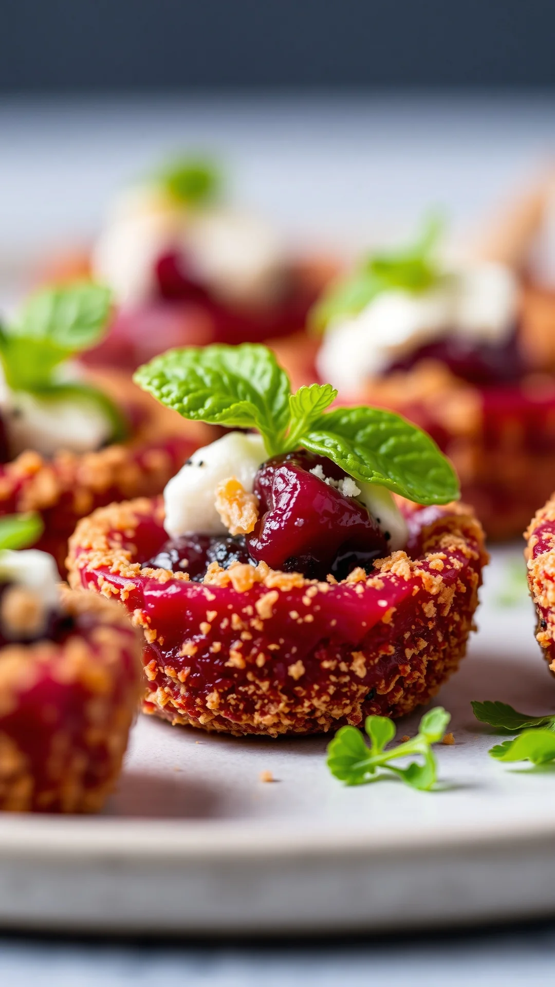 Gourmet beet and feta cheese bites, breaded and golden, mint garnish, appetizer styling, macro photography, studio setup, sha