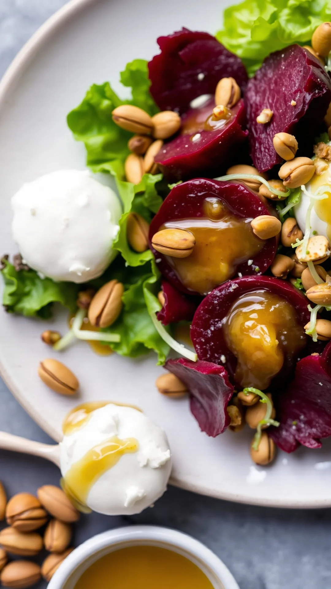 Gourmet beet salad with creamy goat cheese balls, honey vinaigrette, roasted pistachios, frisée lettuce, elegant plating, lu