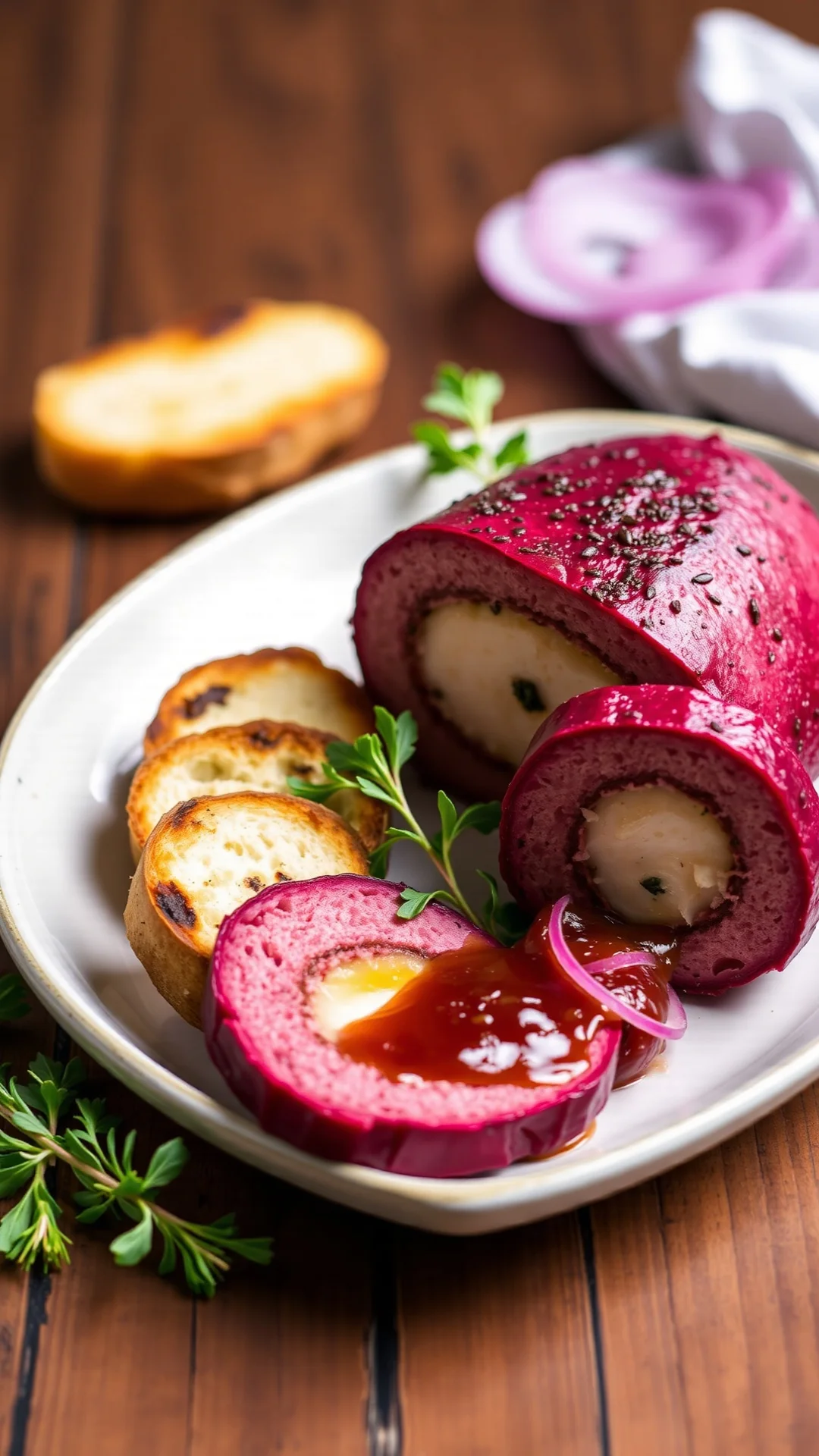 Gourmet terrine of beets and foie gras, sliced to show layers, served with toasted brioche and red onion confit