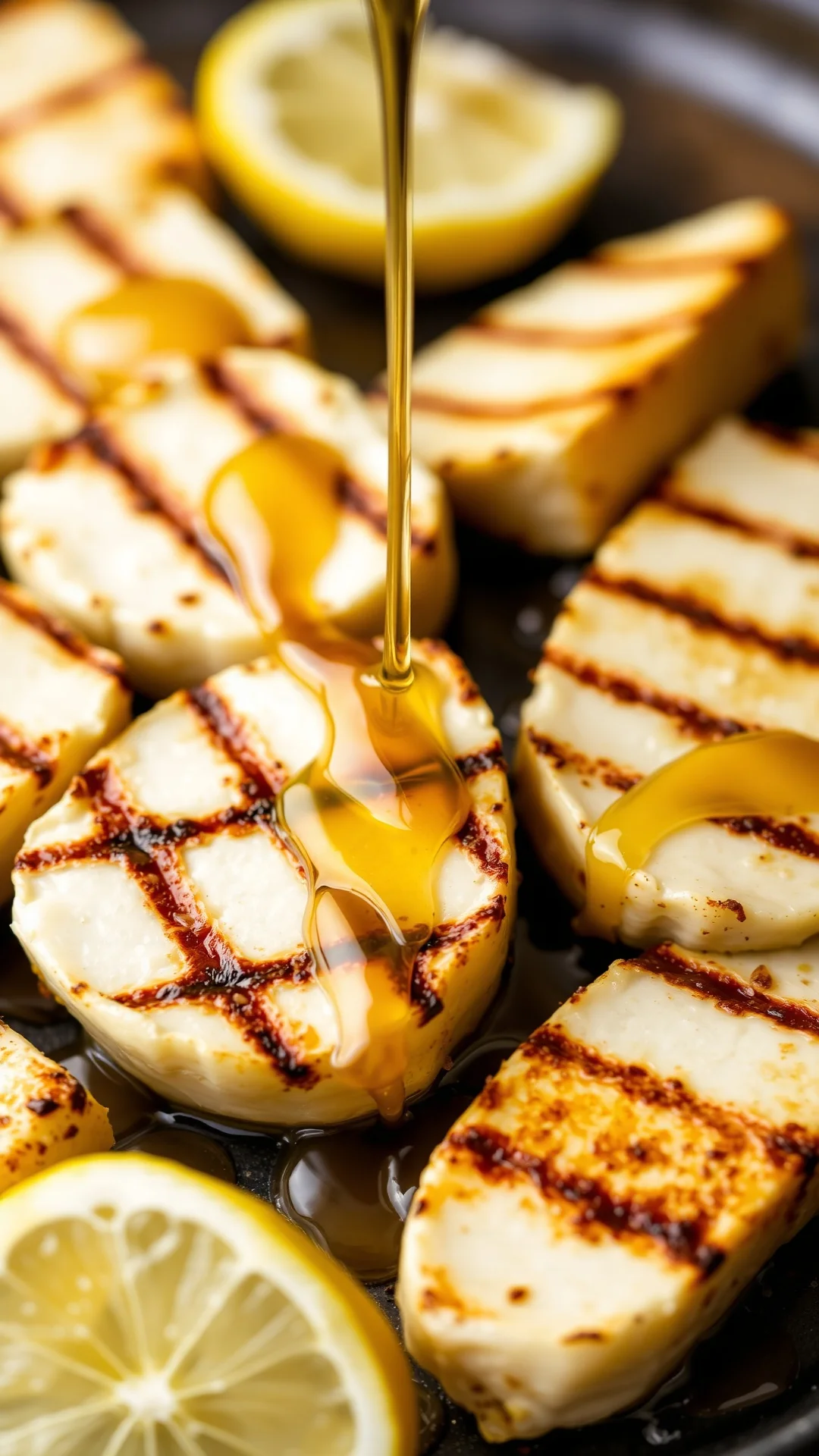 Grilled halloumi cheese slices drizzled with honey and lemon, squeaky cheese golden brown, Mediterranean appetizer, close-up