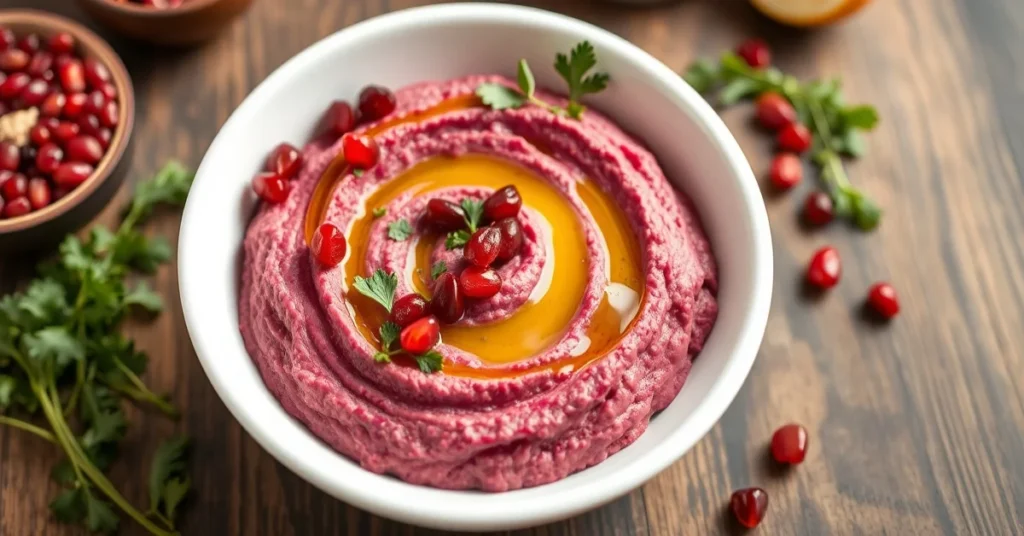Homemade beet hummus in a white bowl, garnished with olive oil drizzle, pomegranate seeds, fresh herbs, creamy pink texture,