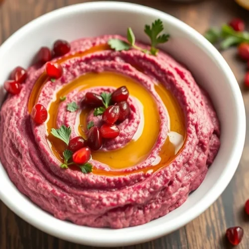 Homemade beet hummus in a white bowl, garnished with olive oil drizzle, pomegranate seeds, fresh herbs, creamy pink texture,