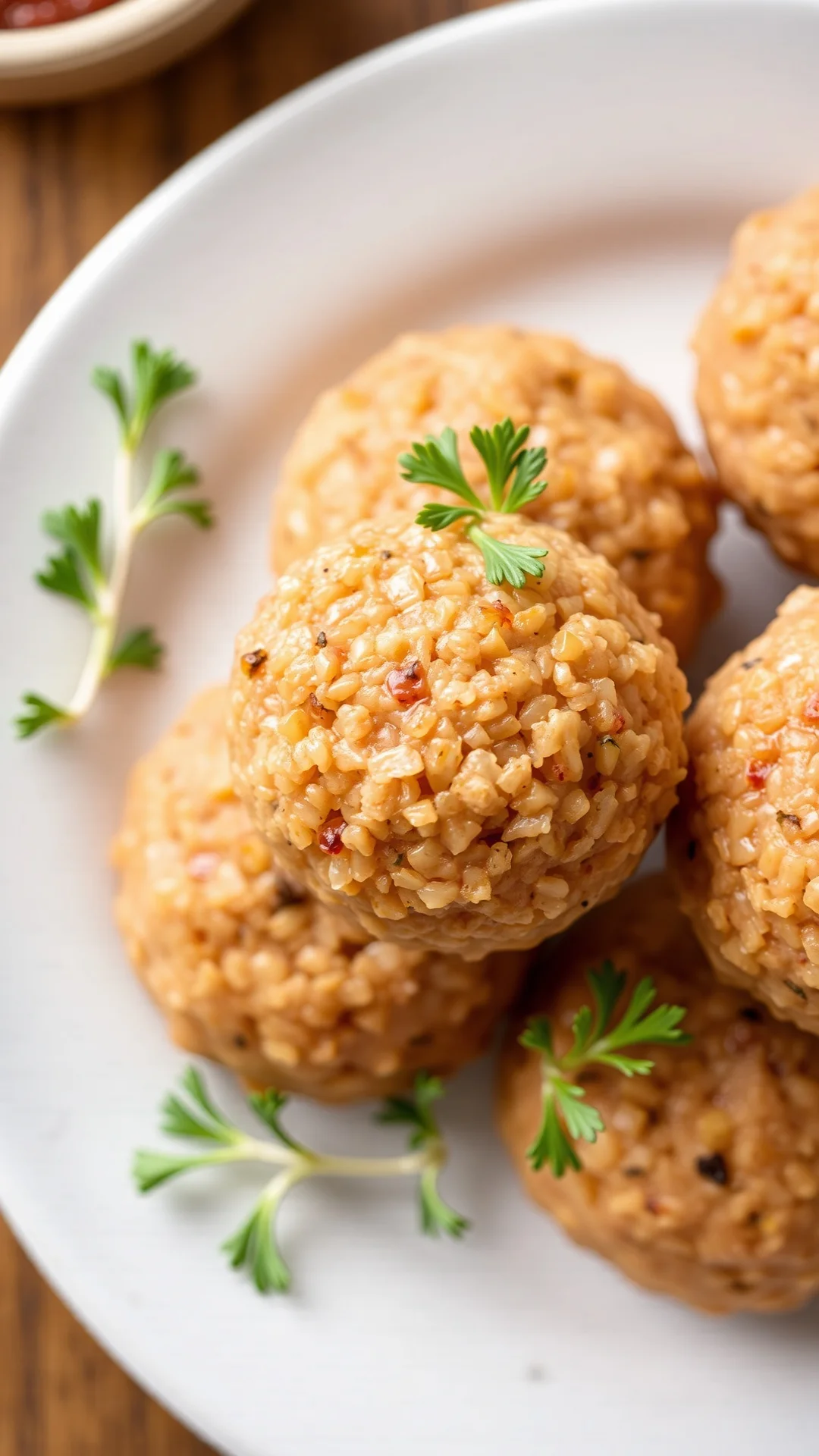 Homemade beet rice balls on white plate, golden brown, closeup overhead view, fresh herbs garnish, warm lighting