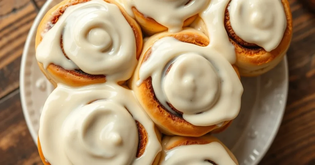 Homemade cinnamon rolls with creamy frosting, golden brown, fresh baked, overhead shot, rustic table setting, bakery style fo