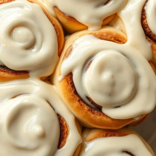 Homemade cinnamon rolls with creamy frosting, golden brown, fresh baked, overhead shot, rustic table setting, bakery style fo