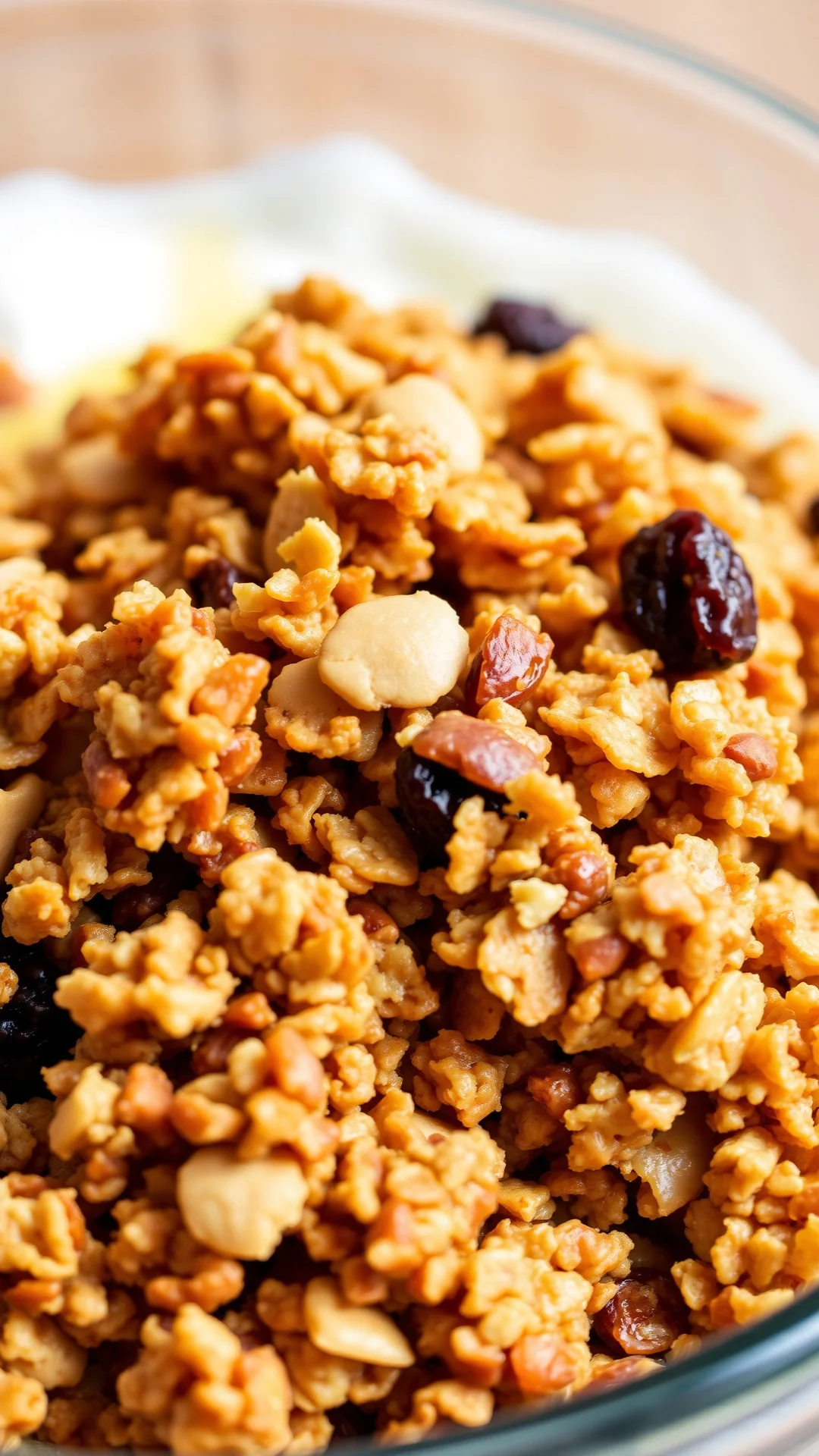 Homemade golden granola clusters with almonds, dry cranberries scattered, served in glass bowl, honey drizzle, blurred yogurt