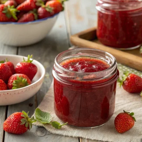 Homemade strawberry jam in glass jars, vibrant red color, fresh strawberries around the jars, rustic wooden table, natural li
