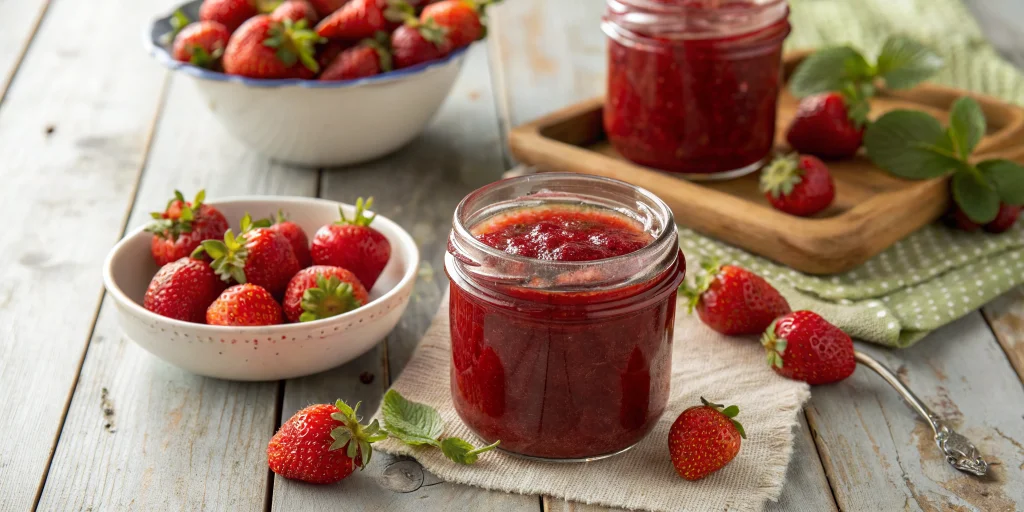 Homemade strawberry jam in glass jars, vibrant red color, fresh strawberries around the jars, rustic wooden table, natural li