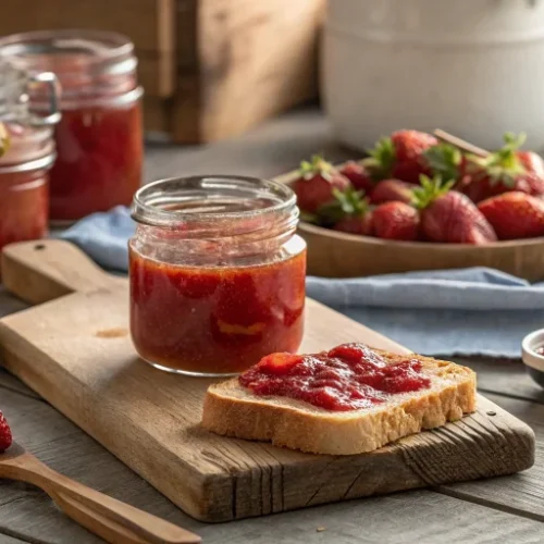 Homemade sugar-free strawberry jam in glass jars on rustic wooden table, fresh strawberries scattered around, natural morning