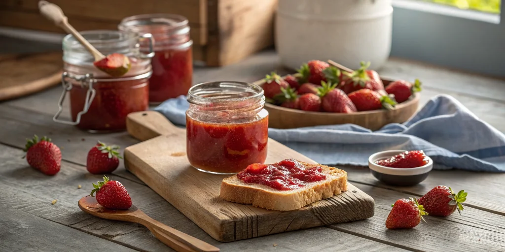 Homemade sugar-free strawberry jam in glass jars on rustic wooden table, fresh strawberries scattered around, natural morning