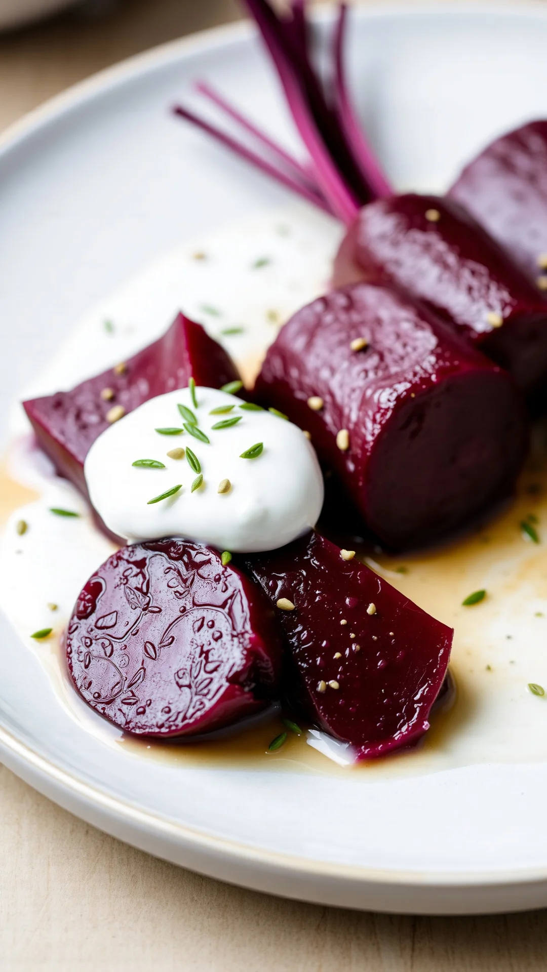 Hot beets with sour cream and caraway seeds, elegantly plated, fine julienne cuts, creamy sauce, delicate presentation