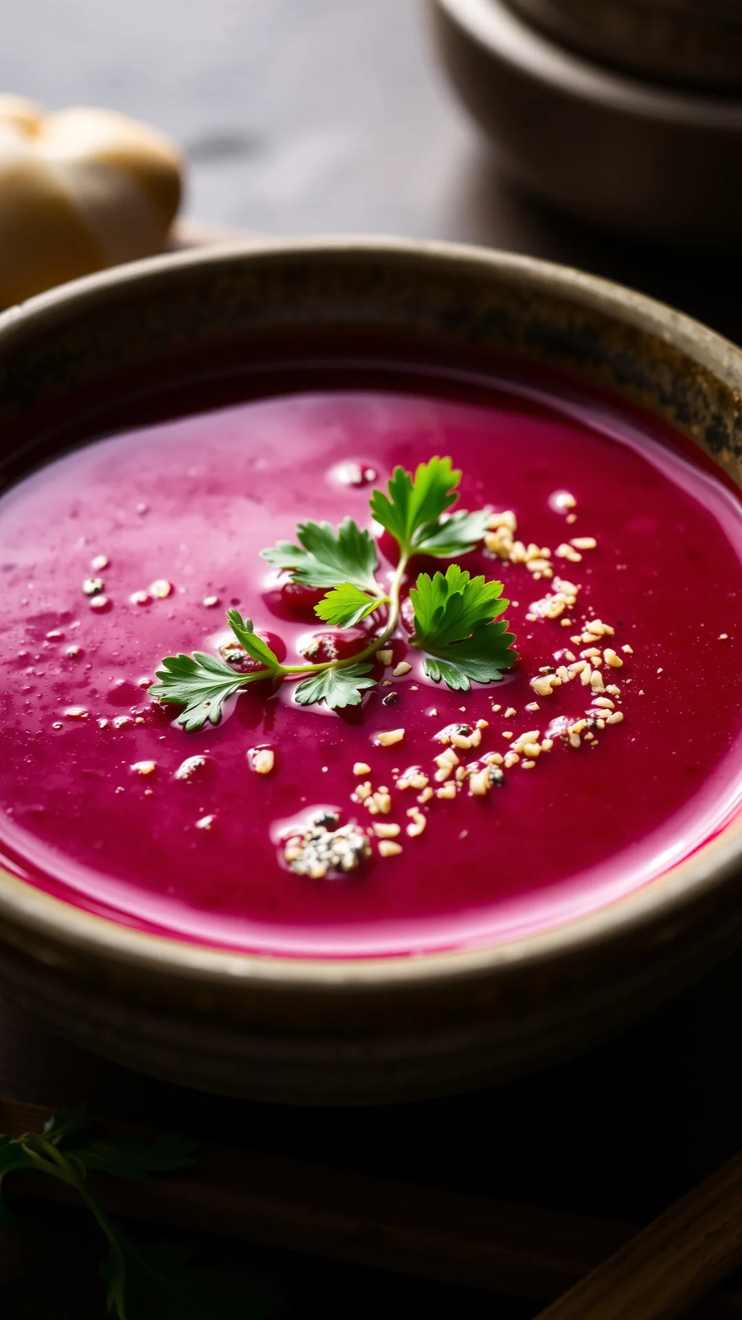 Hot spiced beet soup with ginger and cumin, deep ruby color, served in rustic ceramic bowl, fresh herbs, atmospheric lighting