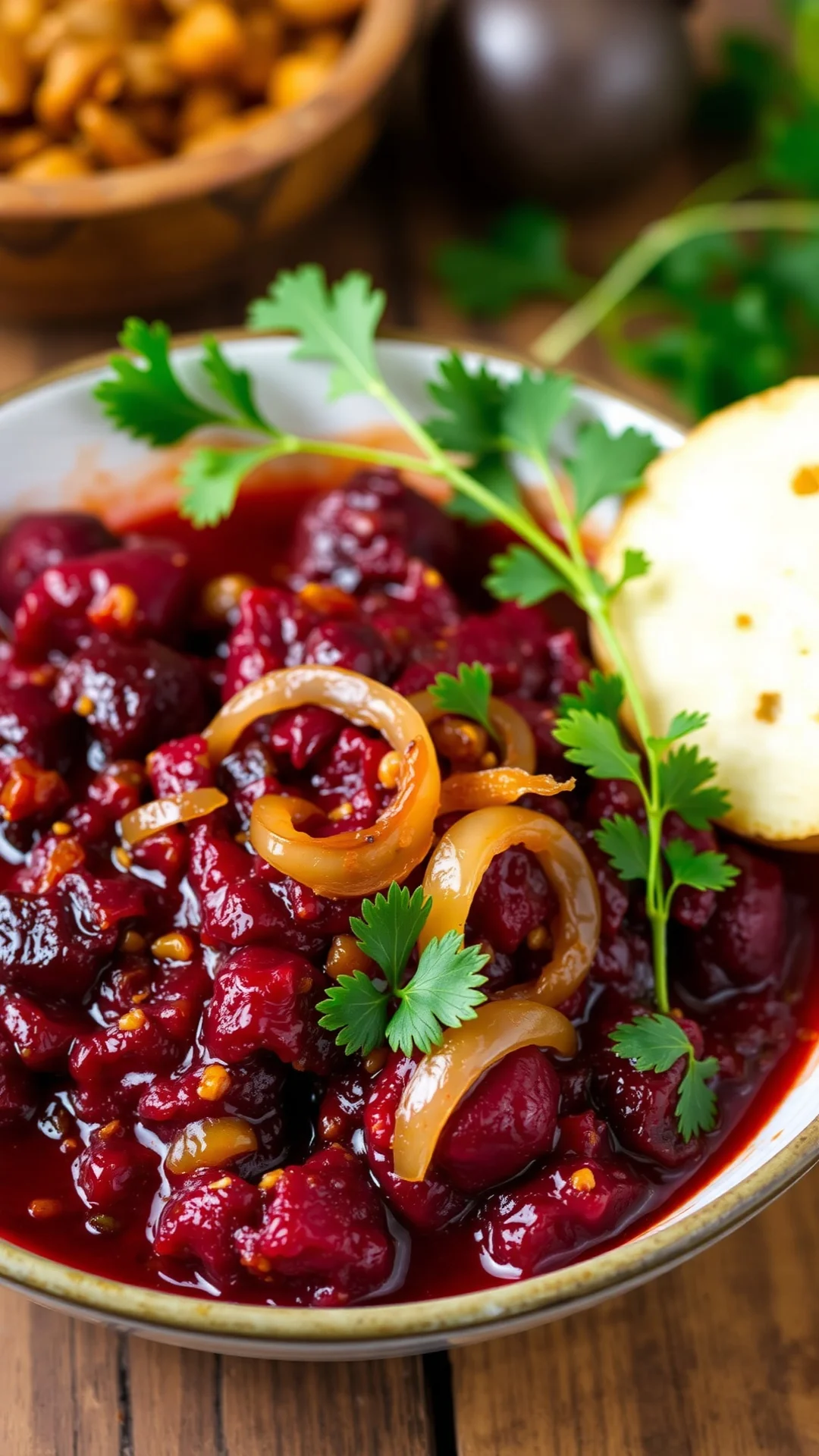 Hungarian-style beet ragout with paprika, rich deep red color, caramelized onions, warming dish, rustic wooden table setting