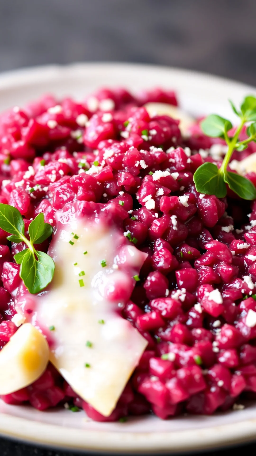 Luxurious beet risotto with melting gorgonzola cheese, garnished with fresh herbs and parmesan, creamy texture detail