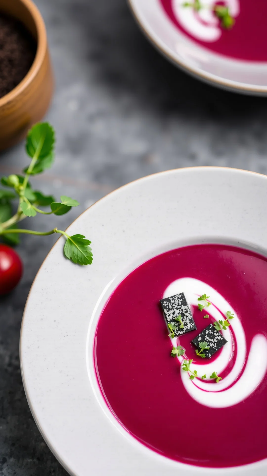 Luxurious beet velvet soup with black truffle shavings, cream swirl and micro herbs, sophisticated plating