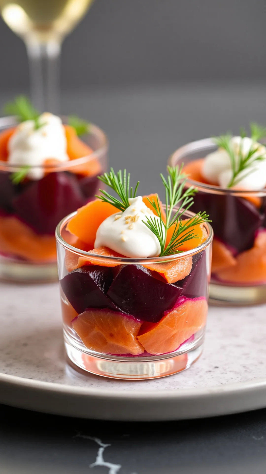 Luxurious verrine with beets, smoked salmon, crème fraîche, fresh dill, fish eggs, elegant fine dining presentation, profes