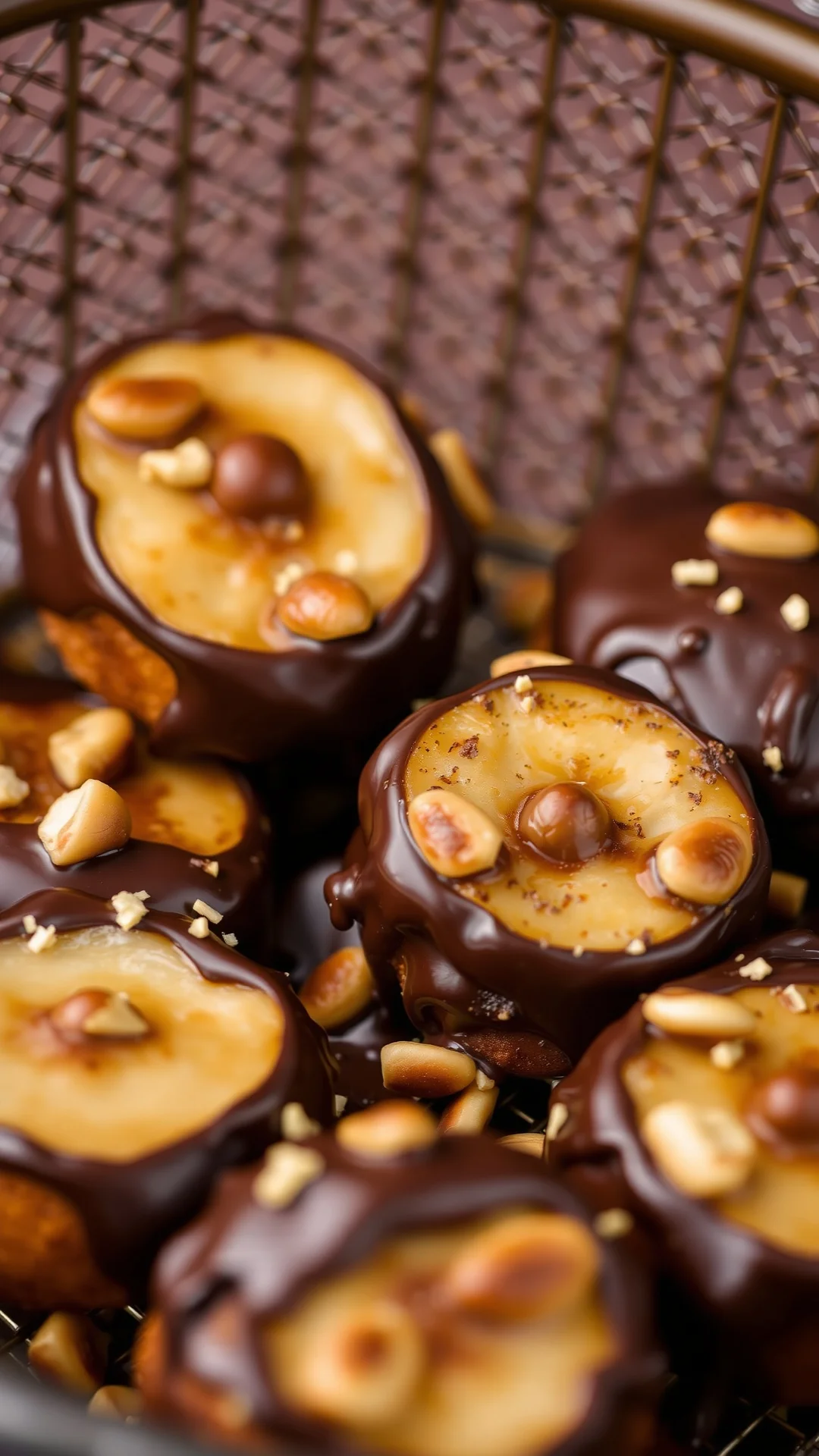 Macro shot of chocolate-covered banana fritters with hazelnuts, melted dark chocolate coating, airfryer basket background