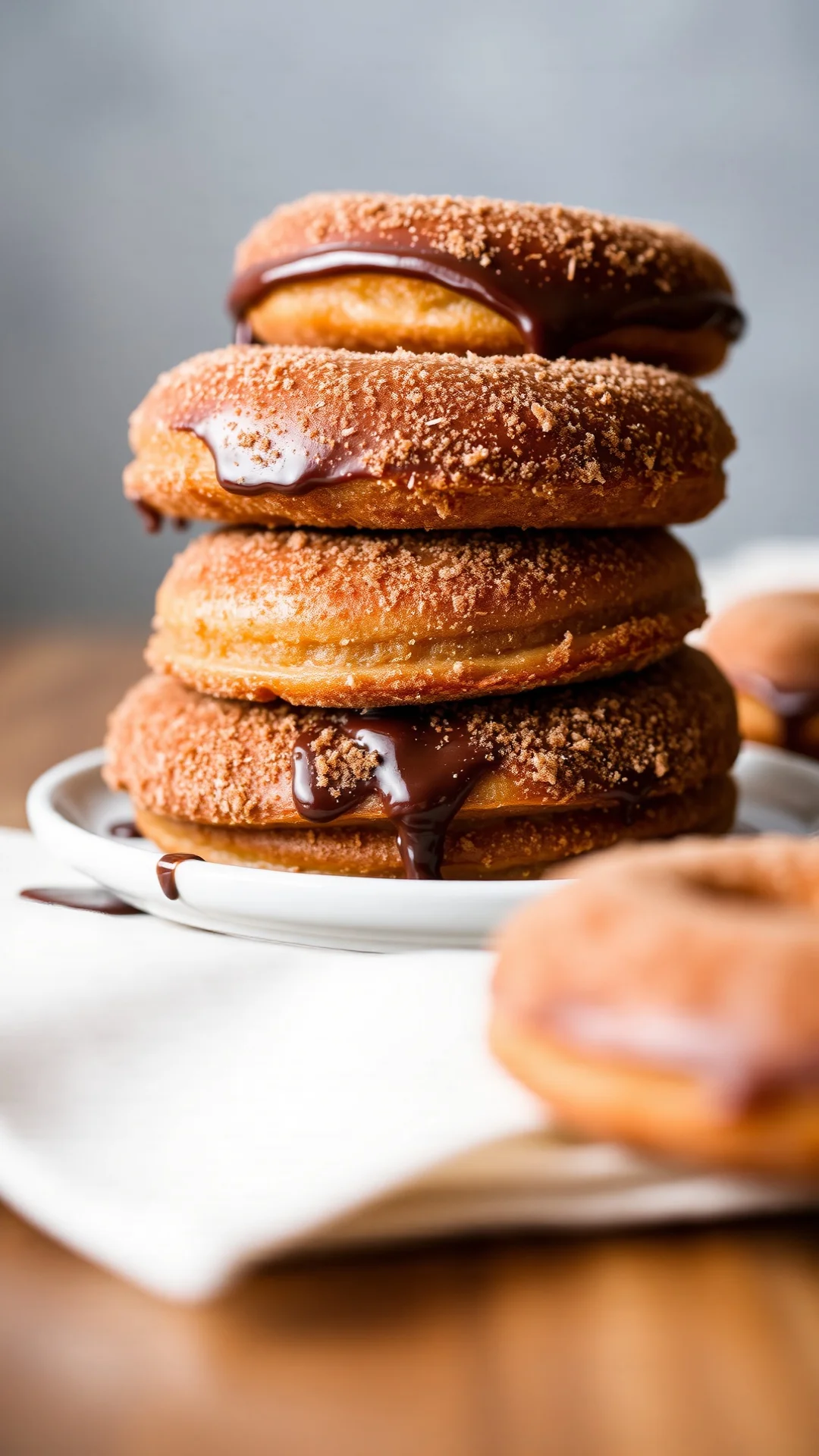 Macro shot of chocolate-glazed donuts with cinnamon sugar coating stacked on plate, dark chocolate drip, soft focus backgroun