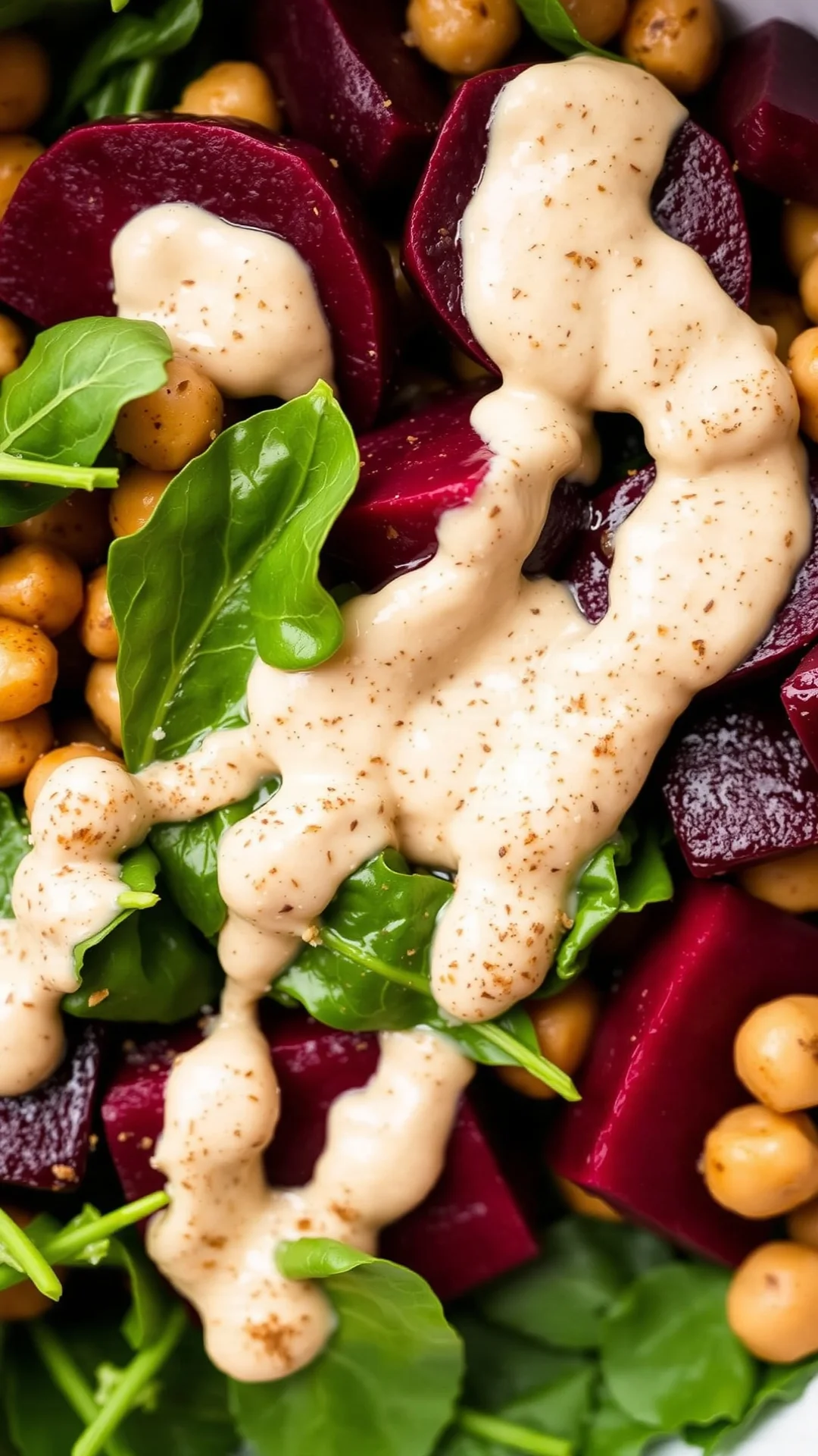 Mediterranean beet and chickpea salad with tahini sauce, fresh spinach, cumin spiced dressing, creamy texture, healthy vegan