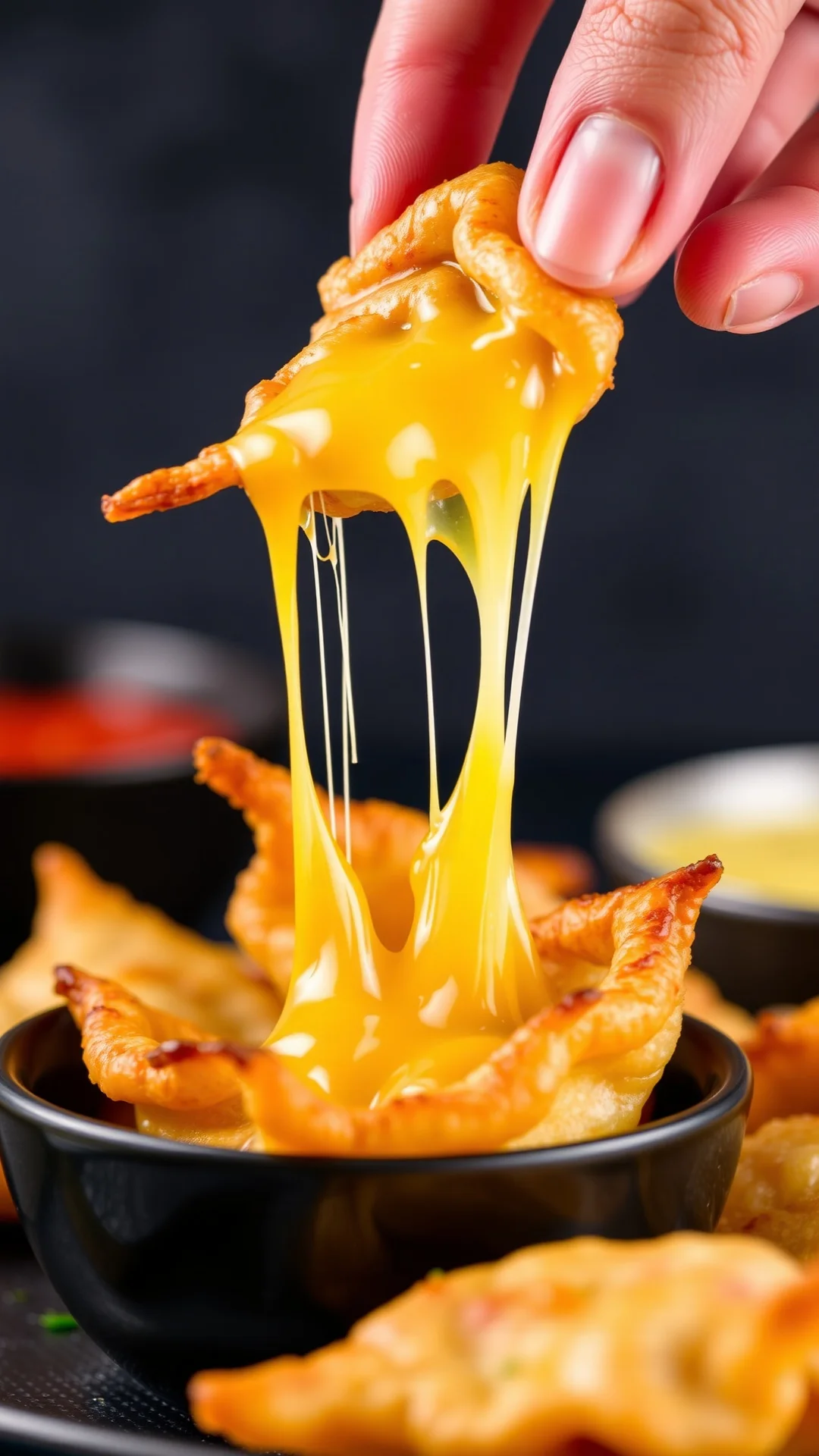 Melted cheese wontons air fried, golden brown cheese bites, cheese stretching, appetizer food shot