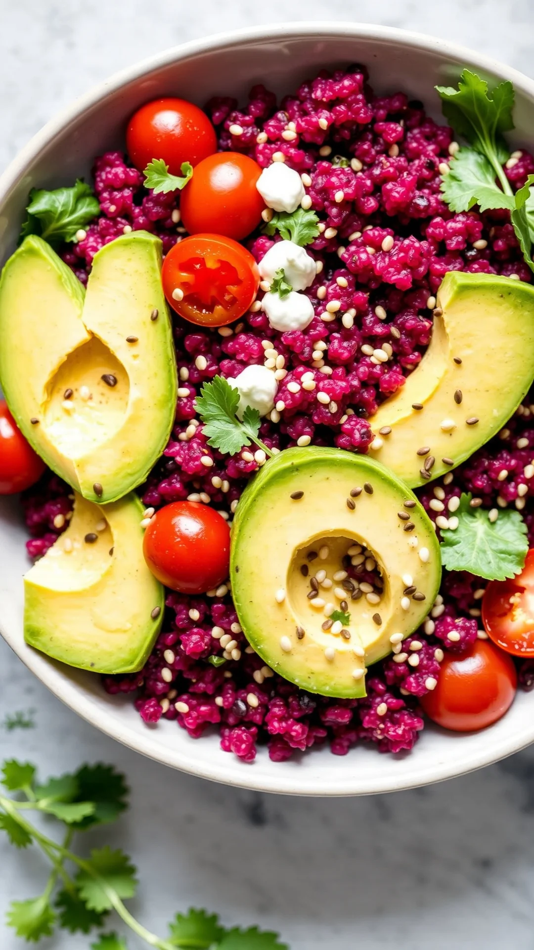 Modern beetroot quinoa salad with creamy avocado slices, cherry tomatoes, sesame seeds, mixed greens, vibrant colors, superfo