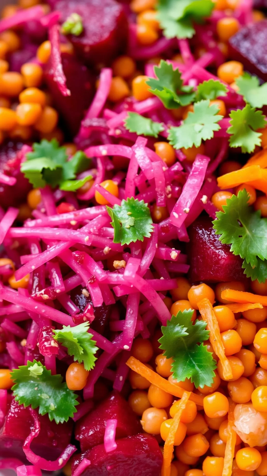 Nutritious beetroot and red lentils salad, grated raw beets, orange lentils, shredded carrots, cilantro garnish, earth tones,