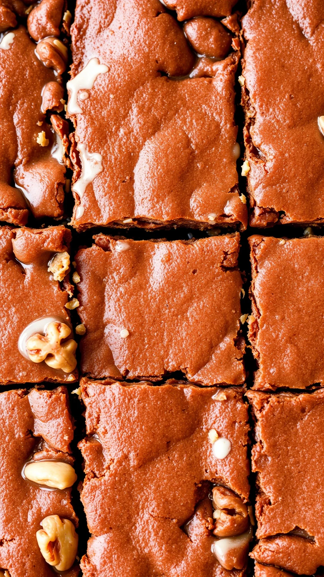 Overhead extreme close-up of walnut and almond brownies with nuts visible, honey glaze, rich brown texture, natural light