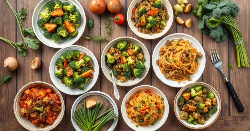 Overhead flat lay composition of five colorful broccoli dishes on wooden table, various cooking styles displayed, fresh ingre